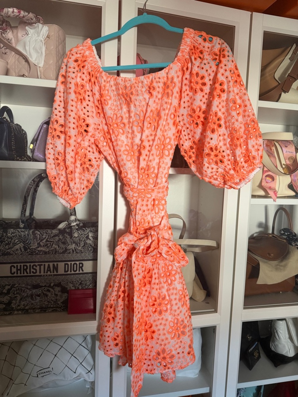 Lilly Pulitzer Coral Eyelet Midi Dress with Puff Sleeves